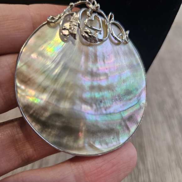 Iridescent Abalone Shell Pendant with Silver Accents...black Cord..silvertone. - Picture 1 of 8